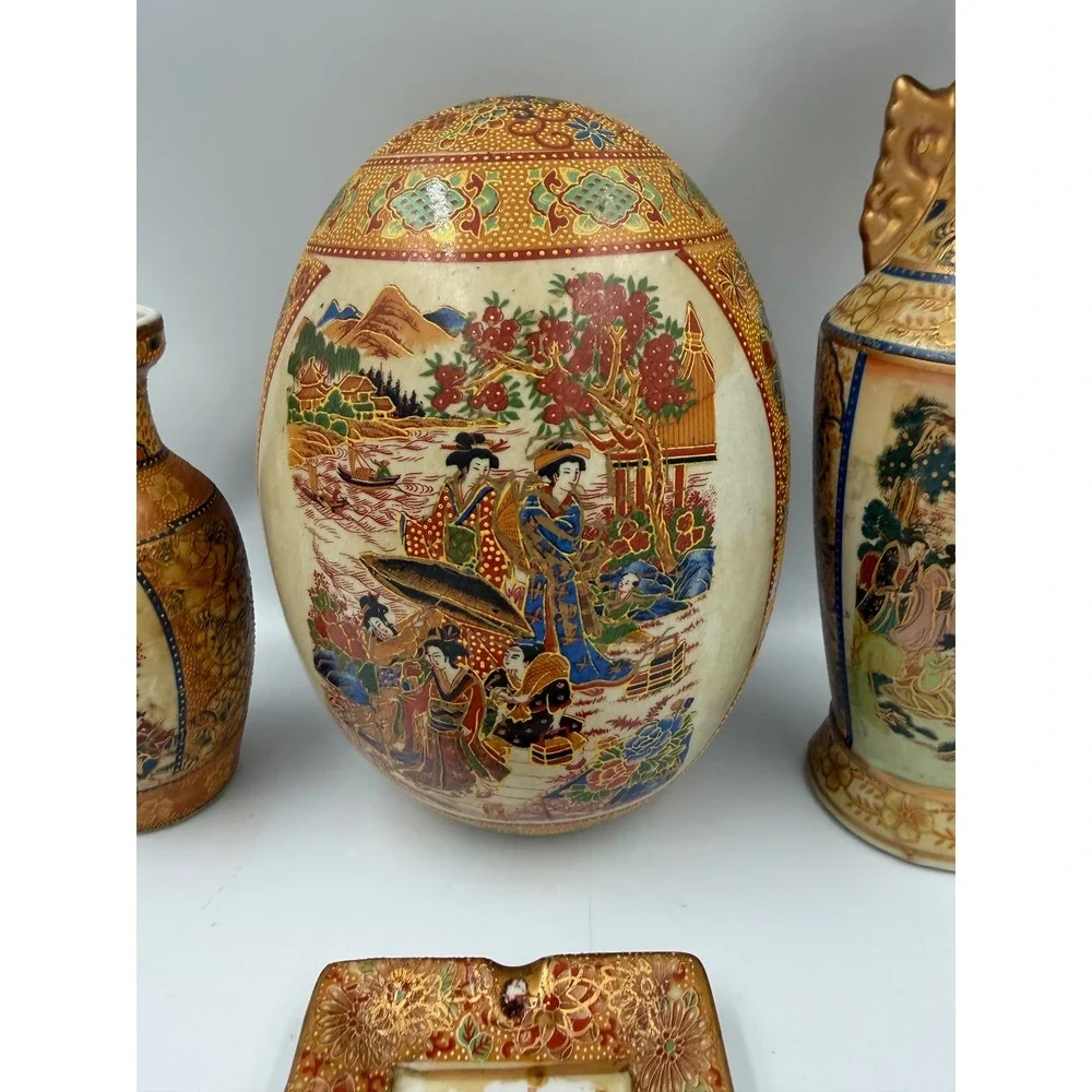 Vintage Satsuma Style Porcelain Set Geisha Vases Decorative Egg Ashtray 4pc